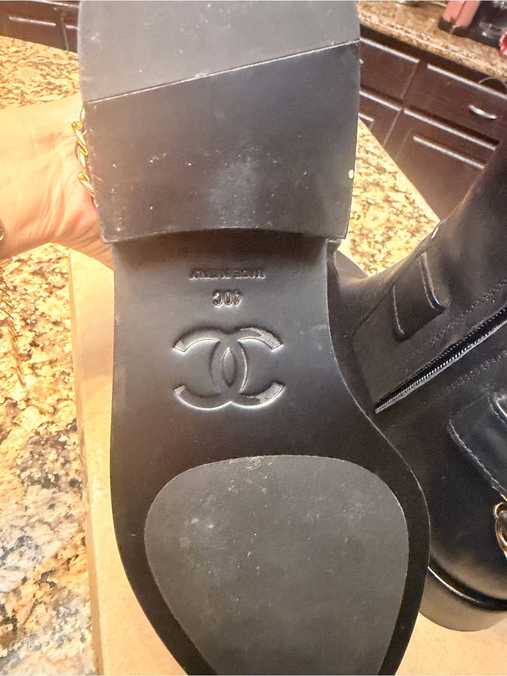 CHANEL Black Leather Chain-Trim Block Heel Ankle Boots - Picture 2 of 5